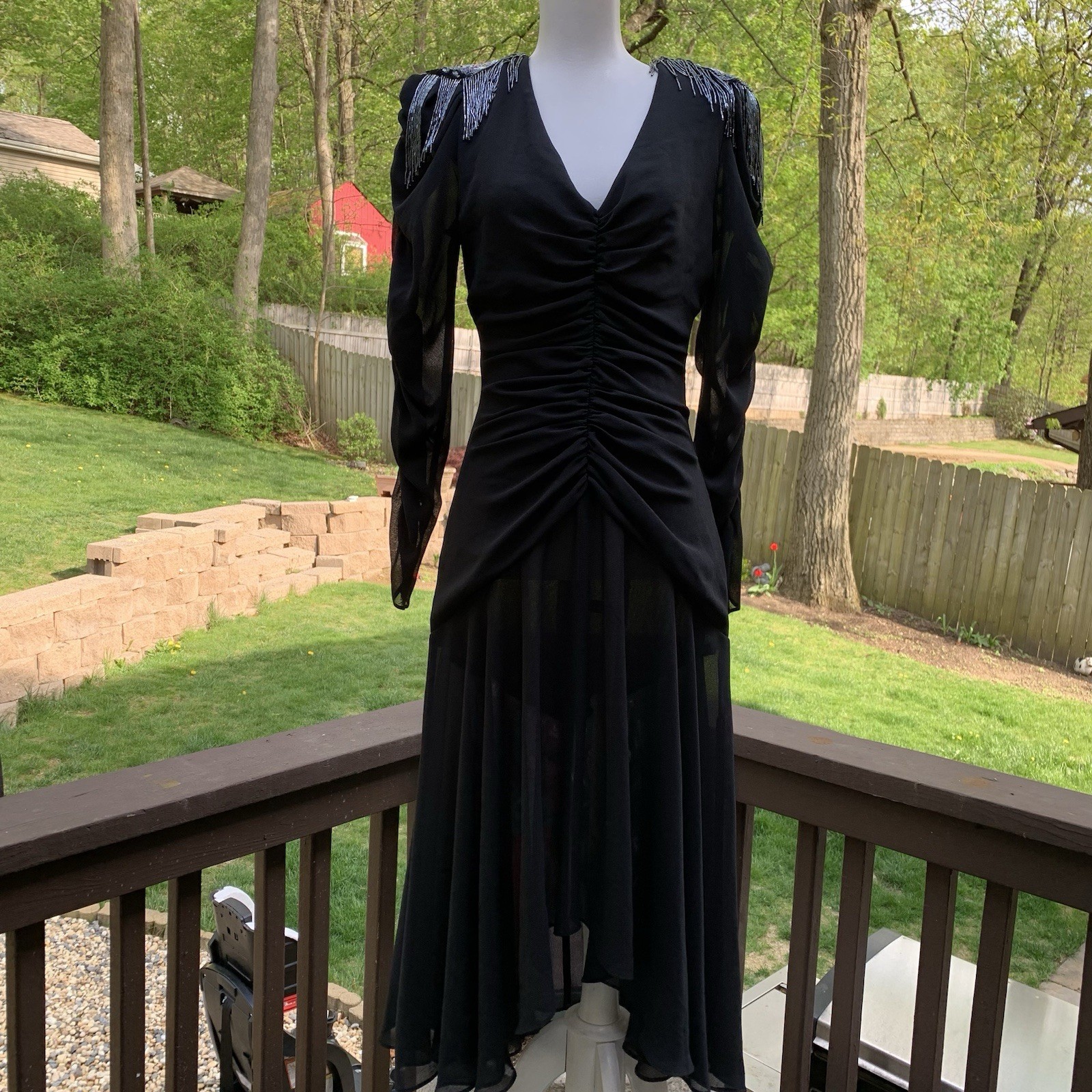 Casadei c1982 Black Long Sleeve V Neck Beaded Shoulder Dress SZ 6/8 Vintage