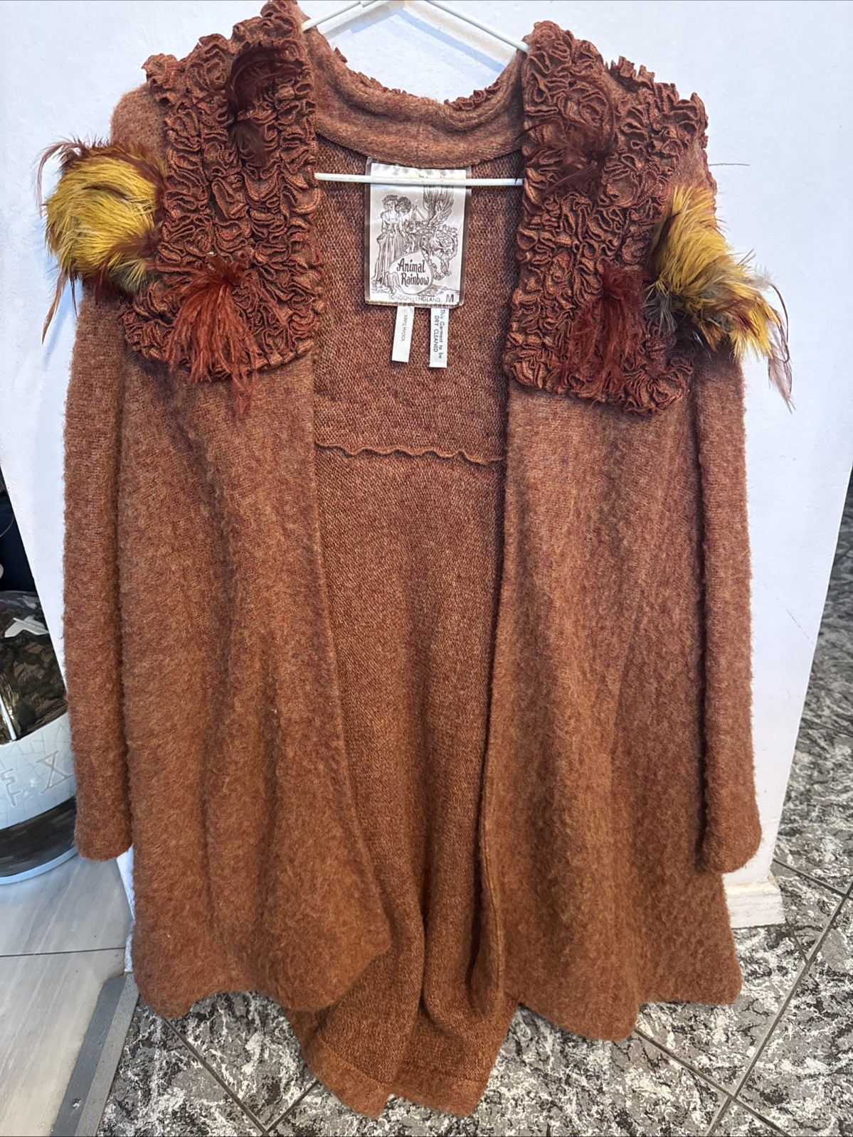 Vintage Diana Leslie Animal Rainbow wool cardigan with ruffled shoulders & Skirt
