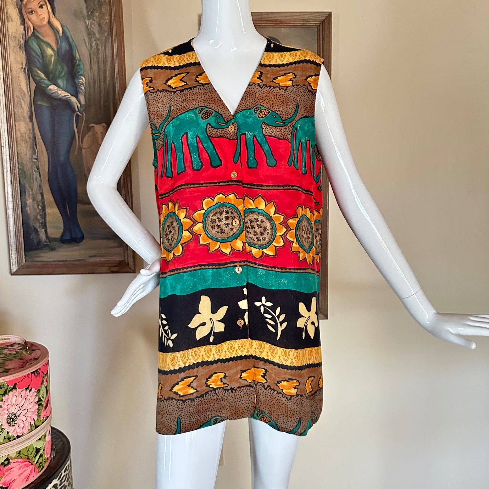 Vintage 90s Tribal Festival Elephant Mini Tunic Vest Duster Dress Blouse M/L