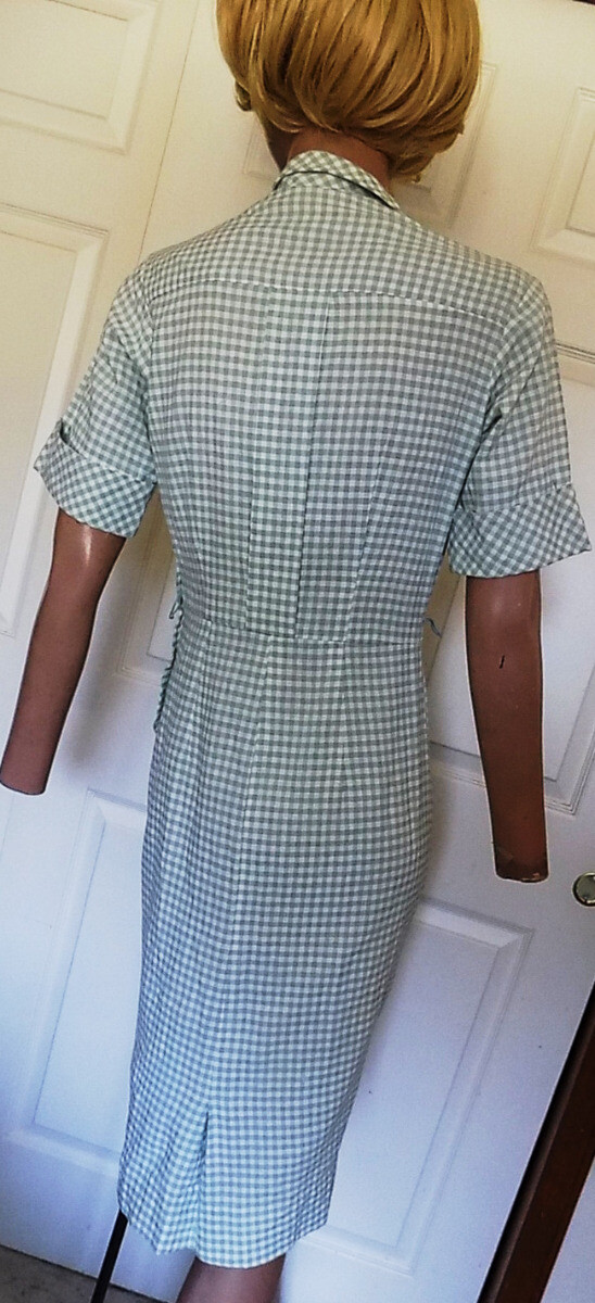 Vintage 50s Checked Dress Sage Green White Side Zip Teena Paige B36