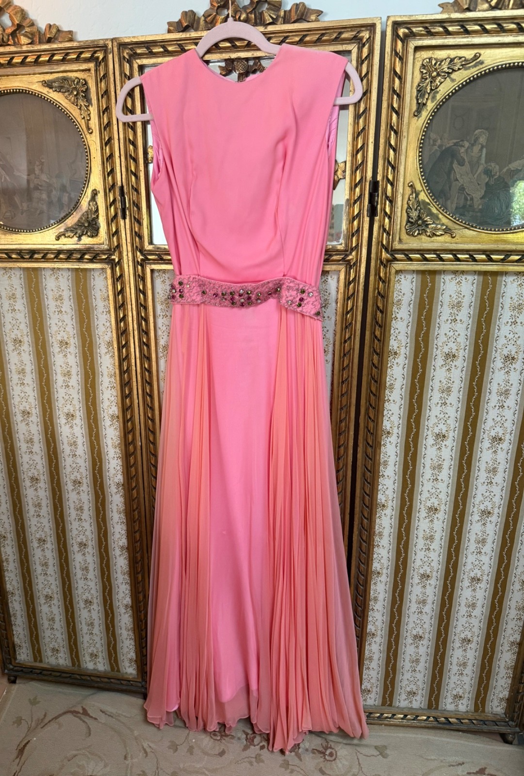 Vintage 160s Mike Benet Formals Melon Pink Rhinstone Belt Sheer Chiffon Gown XS