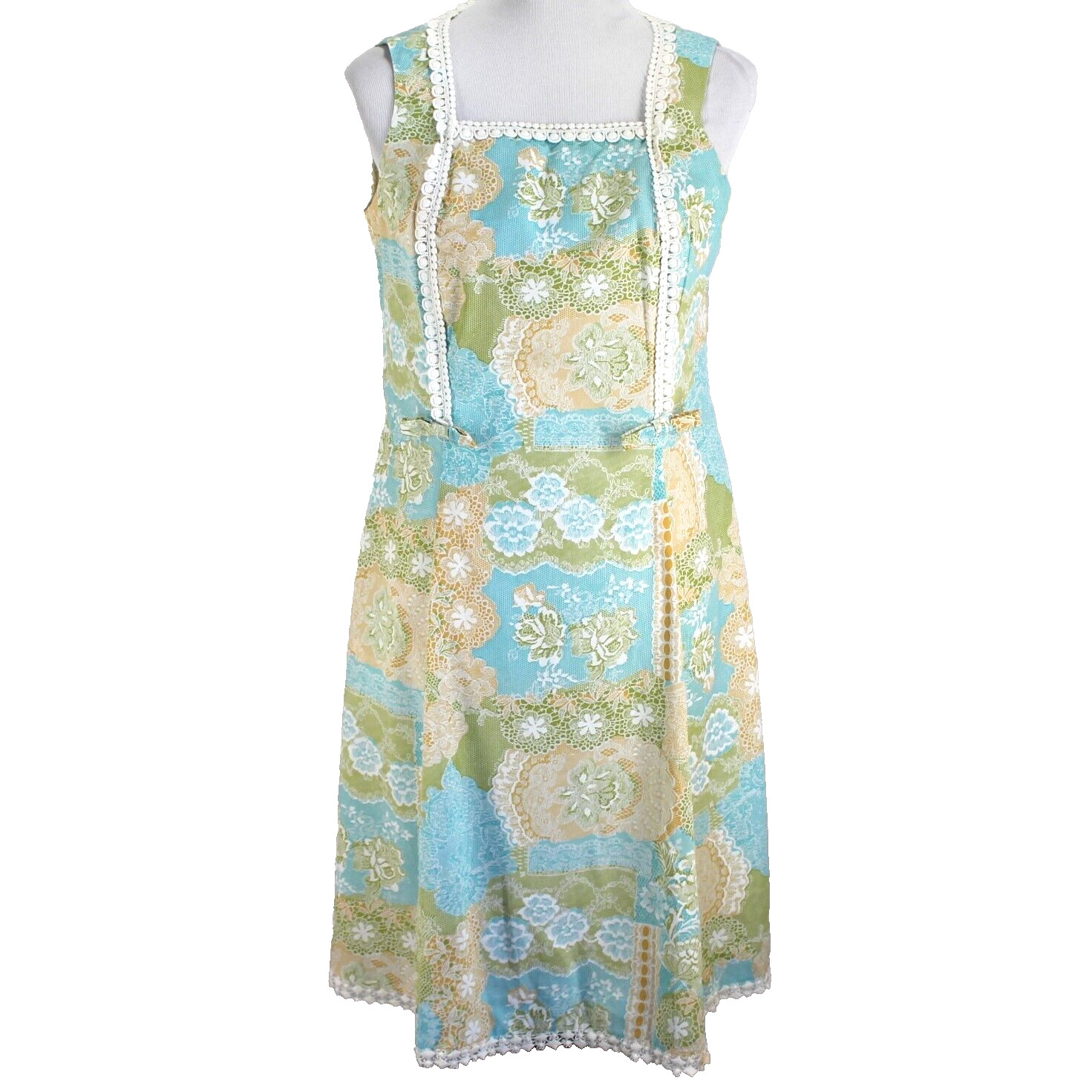 Vintage Lounge Craft Dress Size S/M Blue Green Floral Sleeveless Crochet Trim