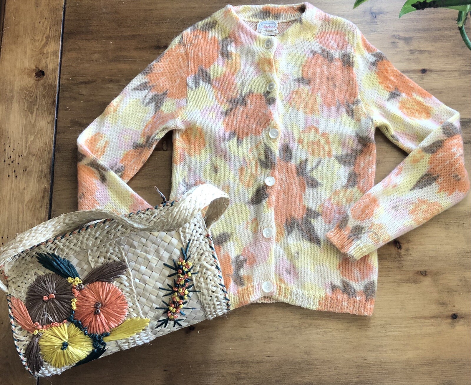 Vintage 1950s Darlene Sweater Hand Screen Print Roses Wool & Mohair Small