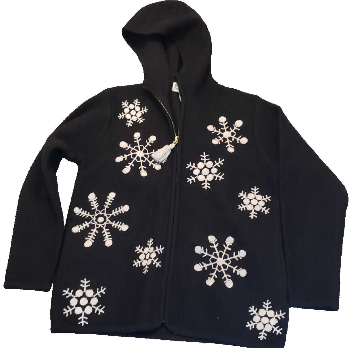 Lisa International Black Boiled Wool Cardigan Sweater Snowflakes S 44 x 26 in