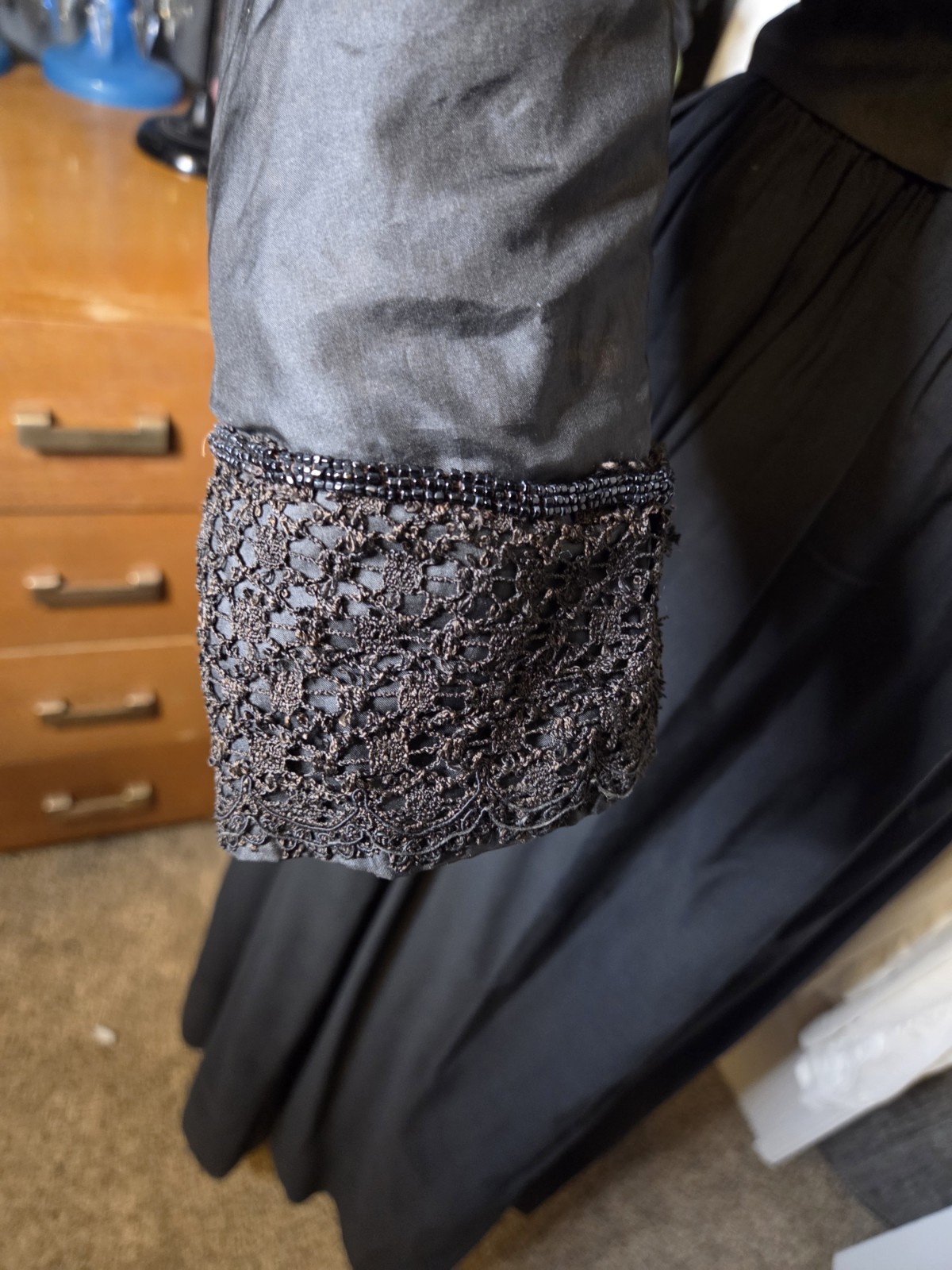 Black Victorian Silk Leg Of Mutton Sleeved Bodice With Lace & Glass Buttons READ