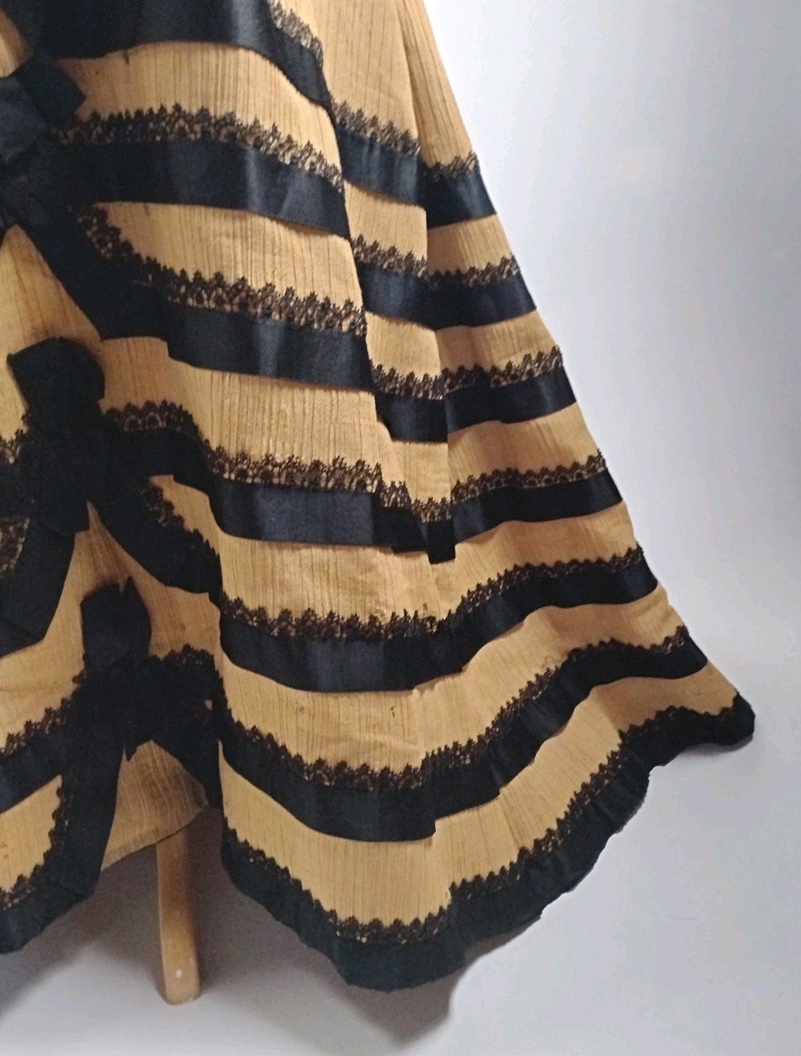 Antique c.1880 Victorian Bustle Silk Dress Black Trim Two Piece Gown Paris Label
