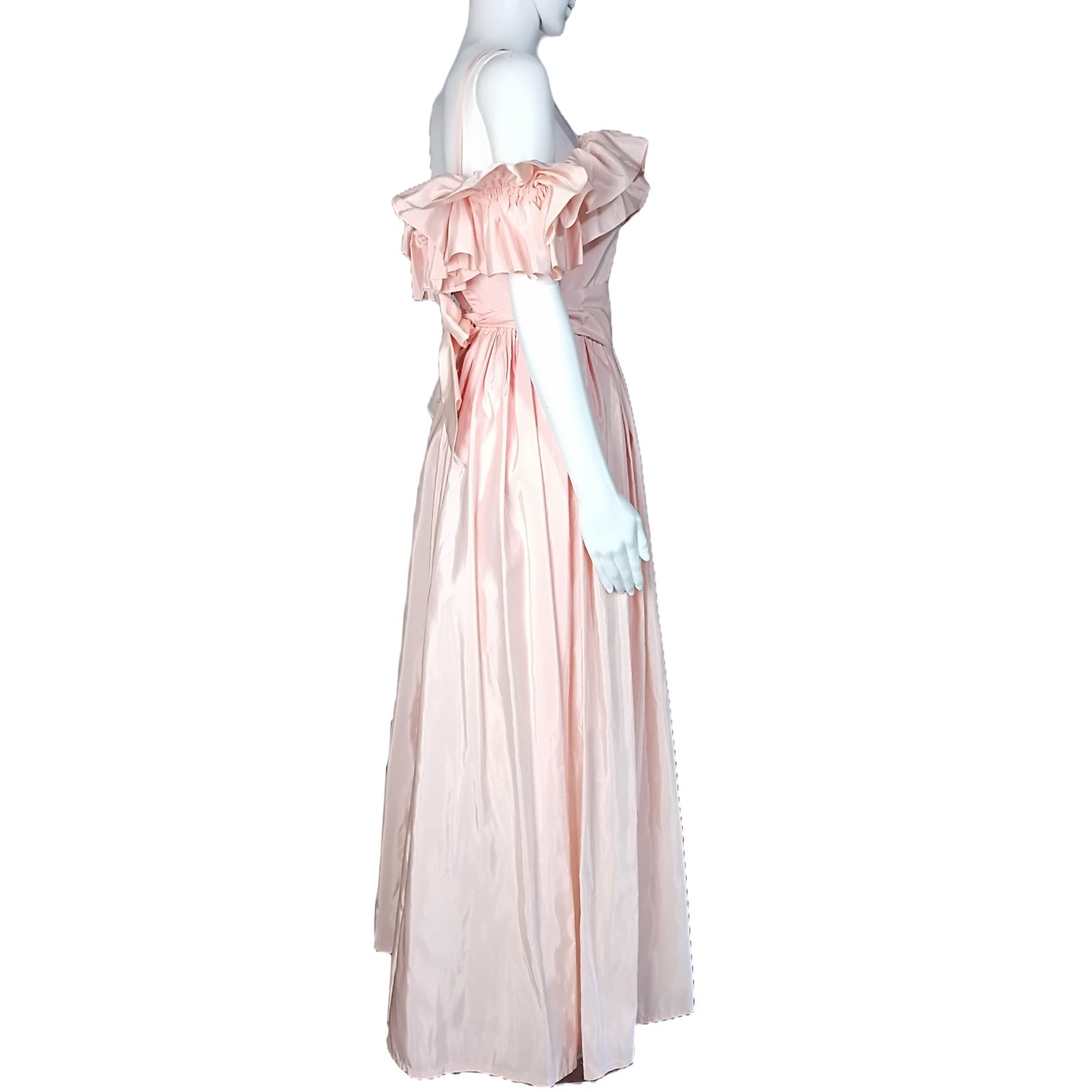VTG 70’s Pink Taffeta Off Shoulder Ruffle Southern Bell Style Gown Sz 9/10
