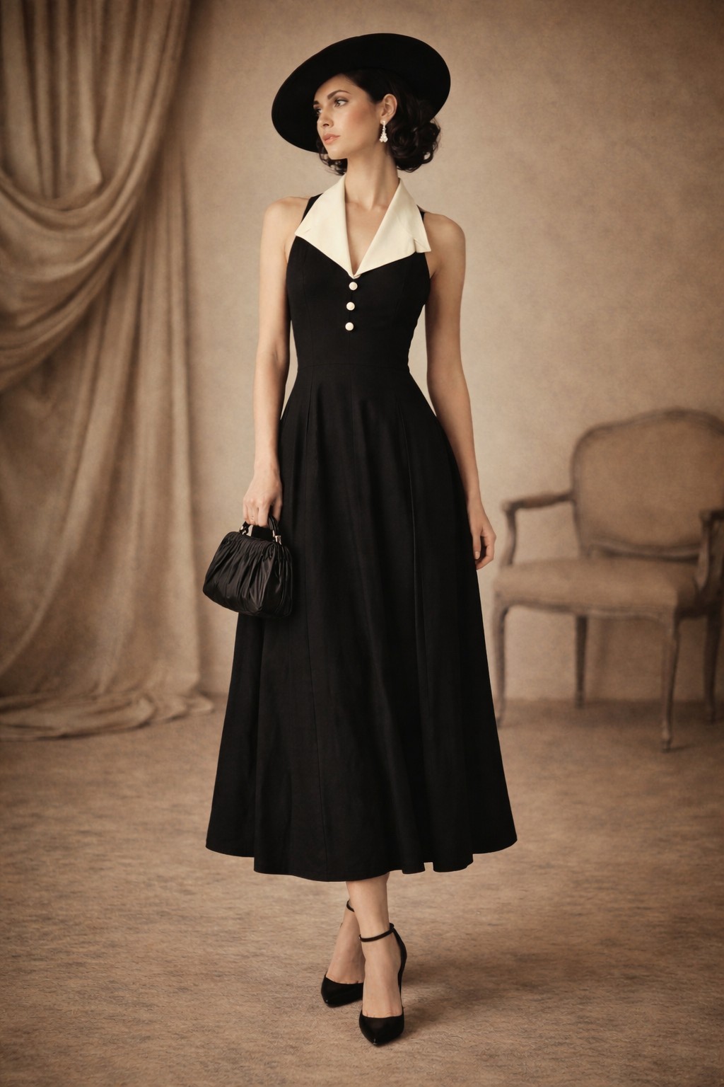 Vintage 90s Black Ivory Midi Dress Elegant Old Money Classic Size 14