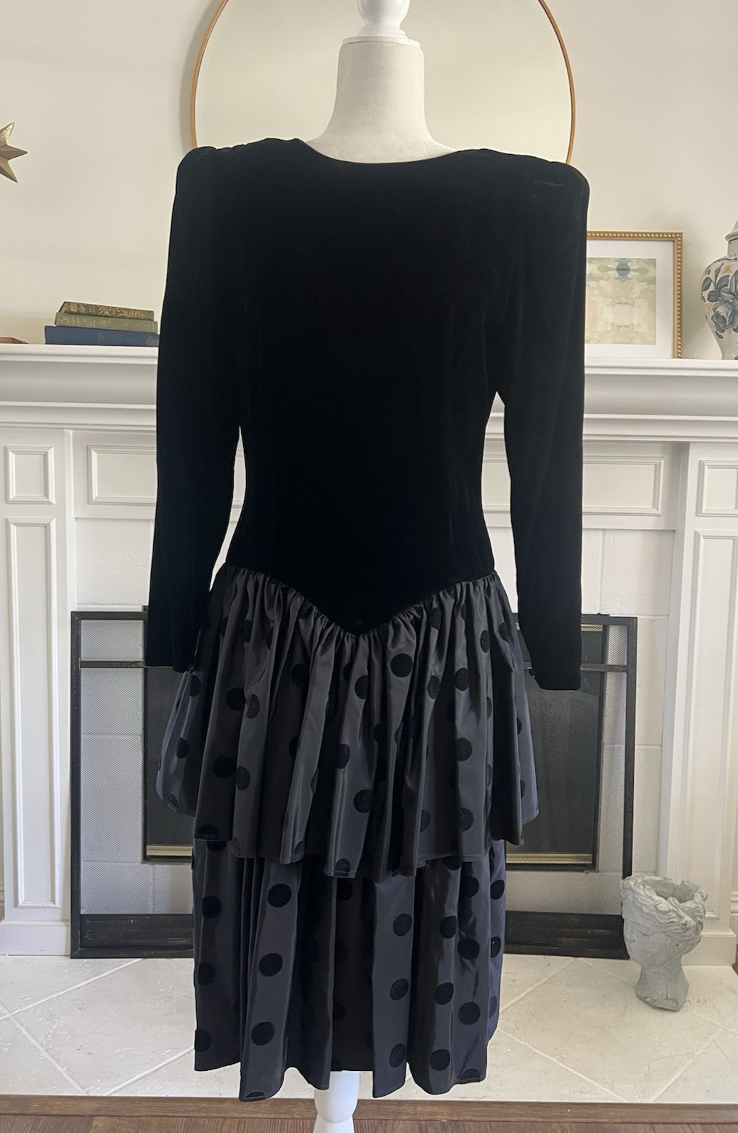 Vtg Donna Morgan Black Velvet & Taffeta Tiered Drop Waist Party Dress Size 11/12