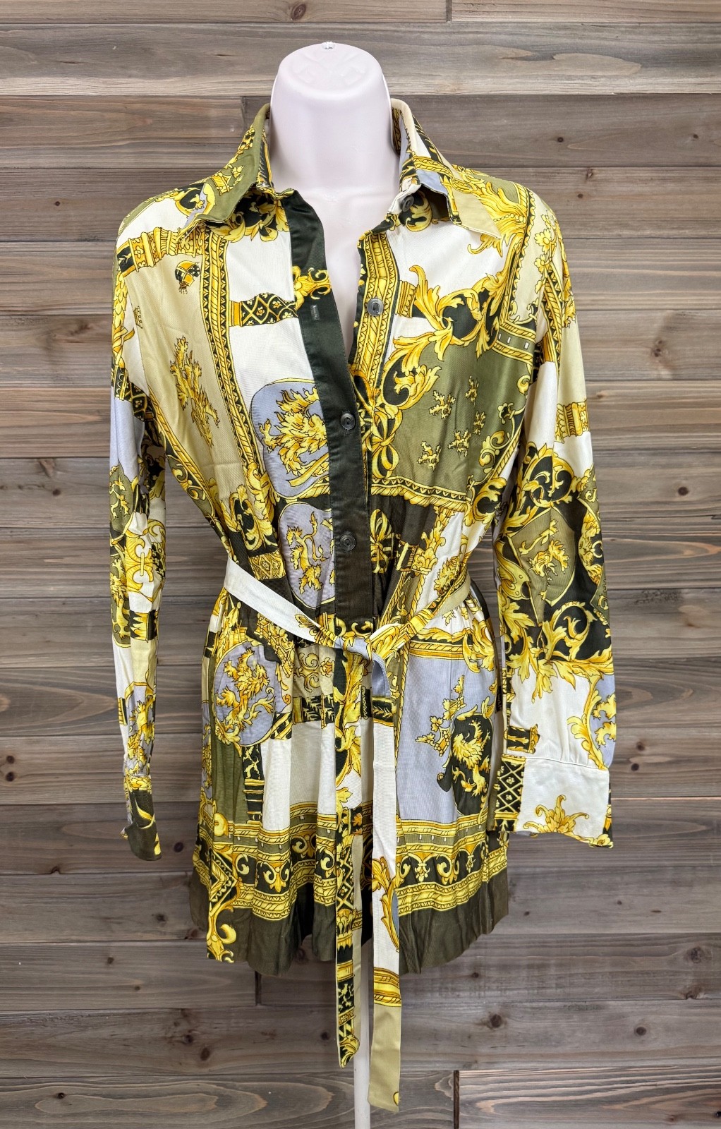 vintage 70s kay silver blouse gold baroque scroll print ILGWU union label retro