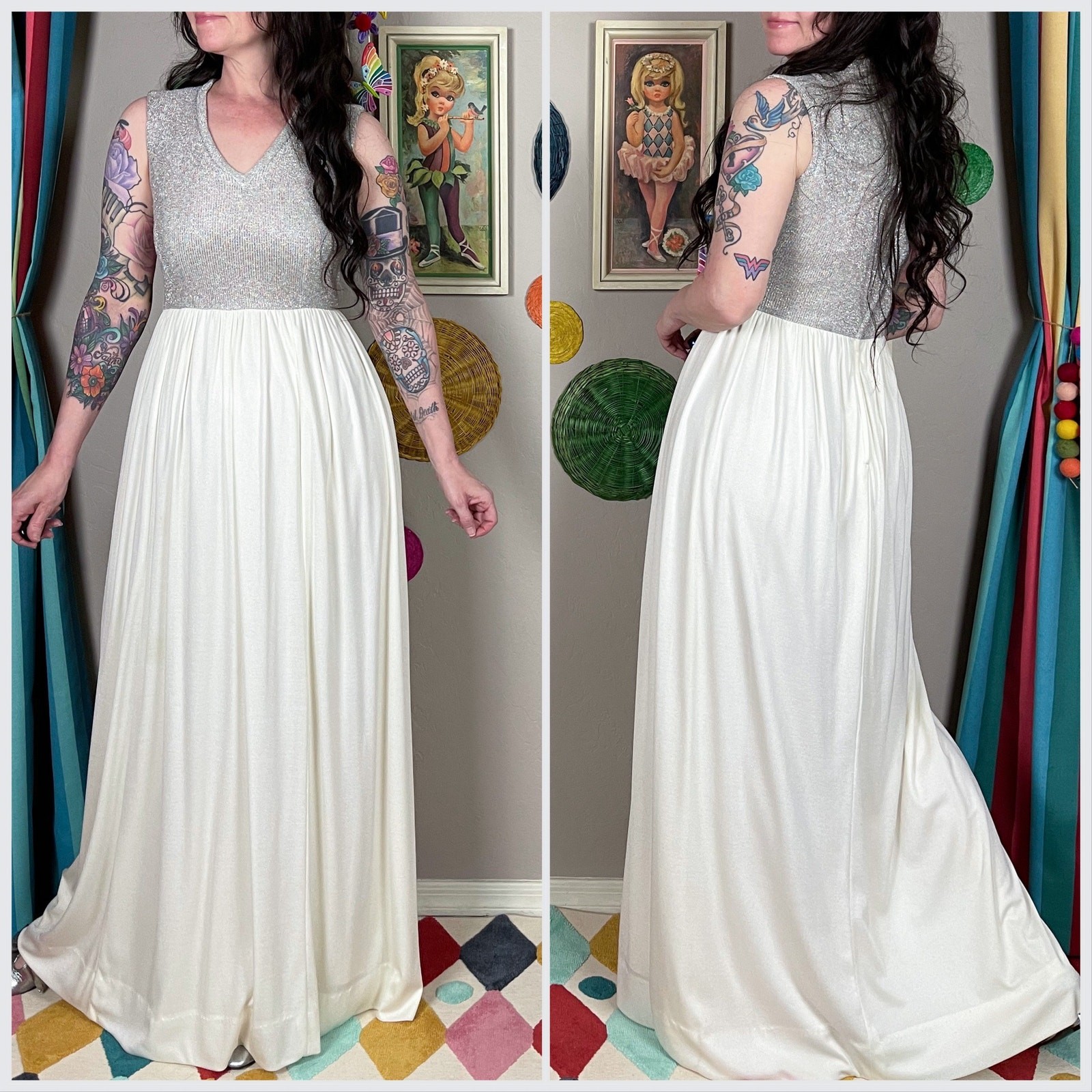 Vintage 1970s Sleeveless Glitter Knit and Jersey Maxi Dress | 24″-28″ Waist