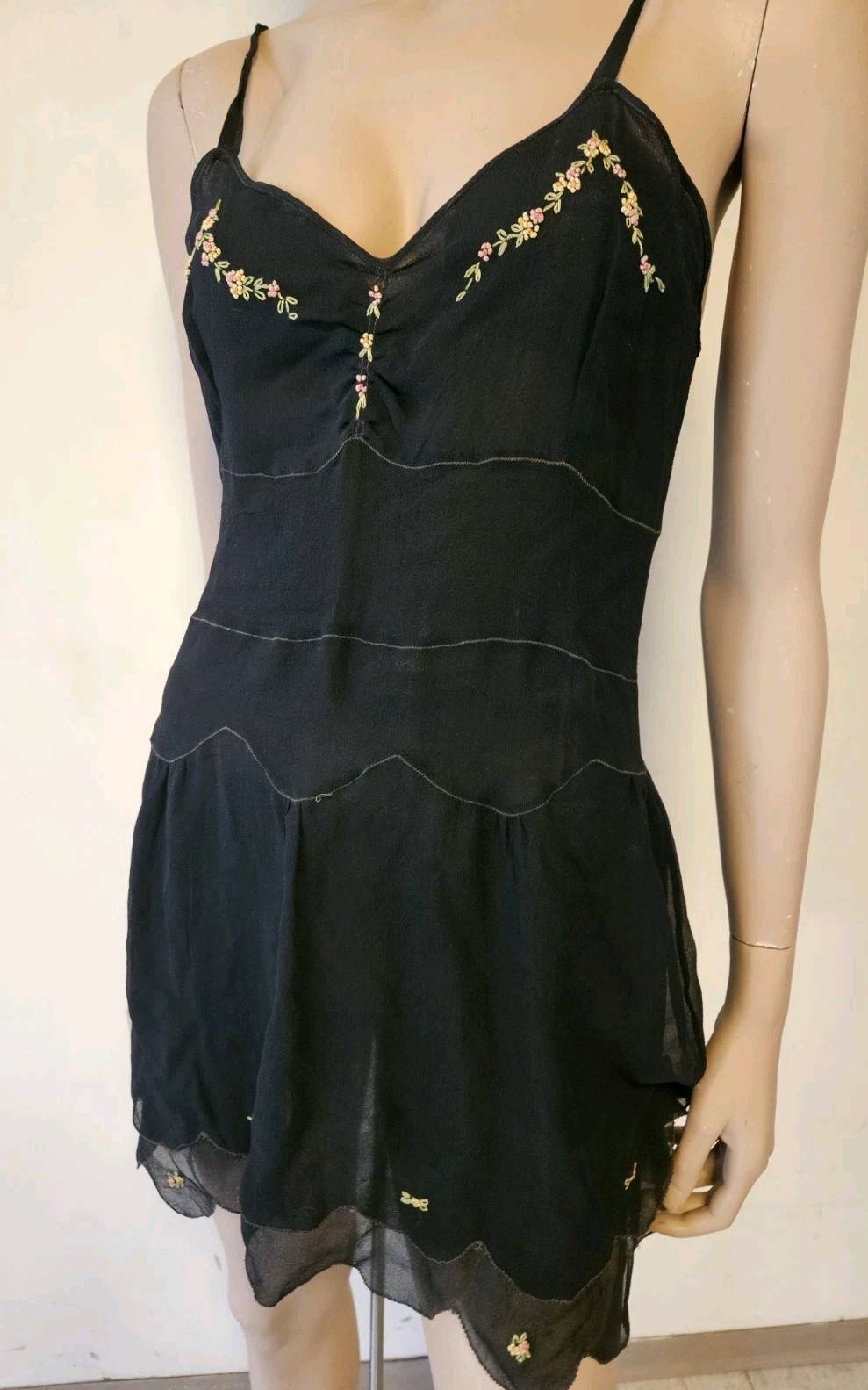 Art Deco Vintage 1920s Black Silk Chiffon Teddy Slip Dress W Floral Embroidery