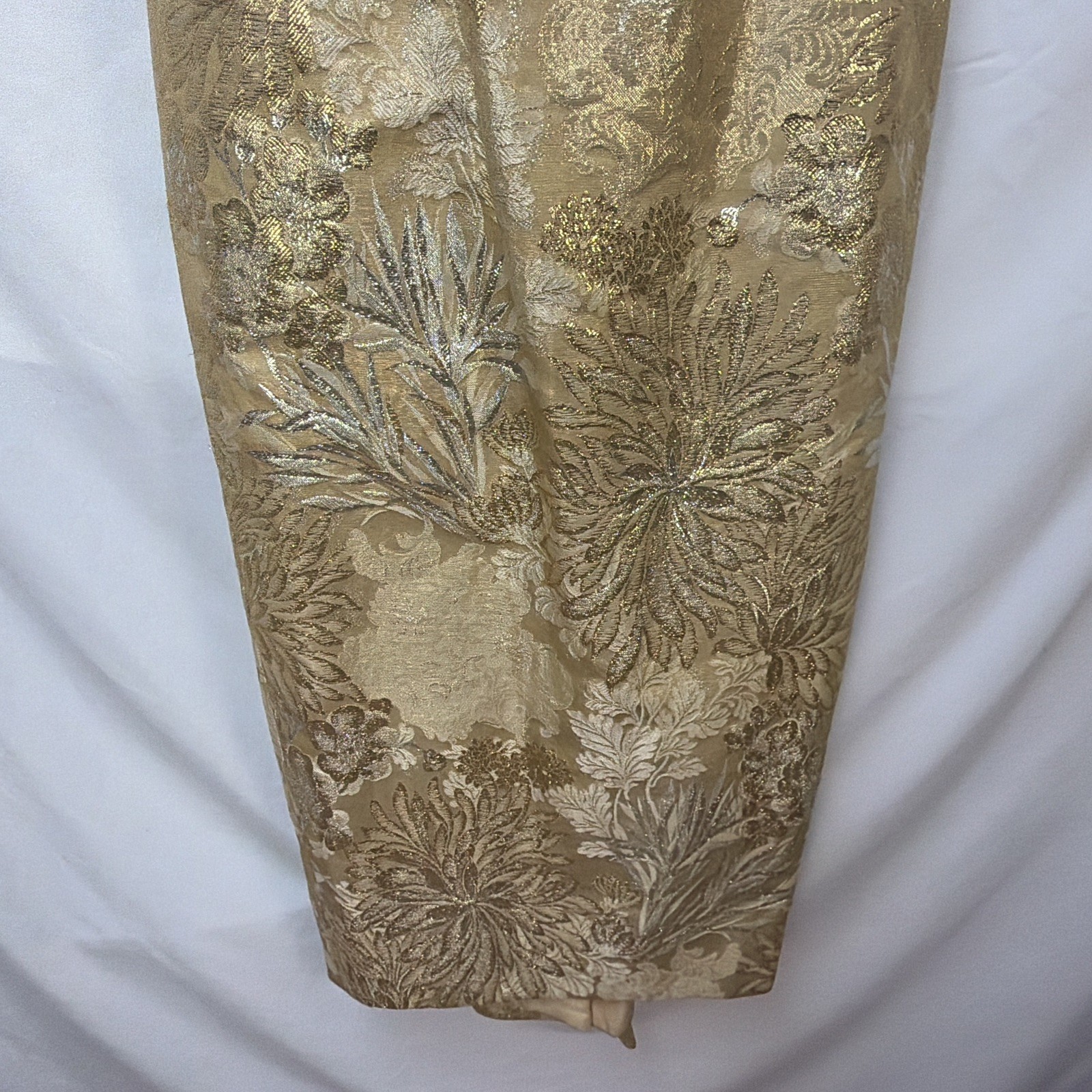 VINTAGE 60S MR BLACKWELL GOLD BROCADE FISHTAIL EVENING GOWN & BEADED VEST SET