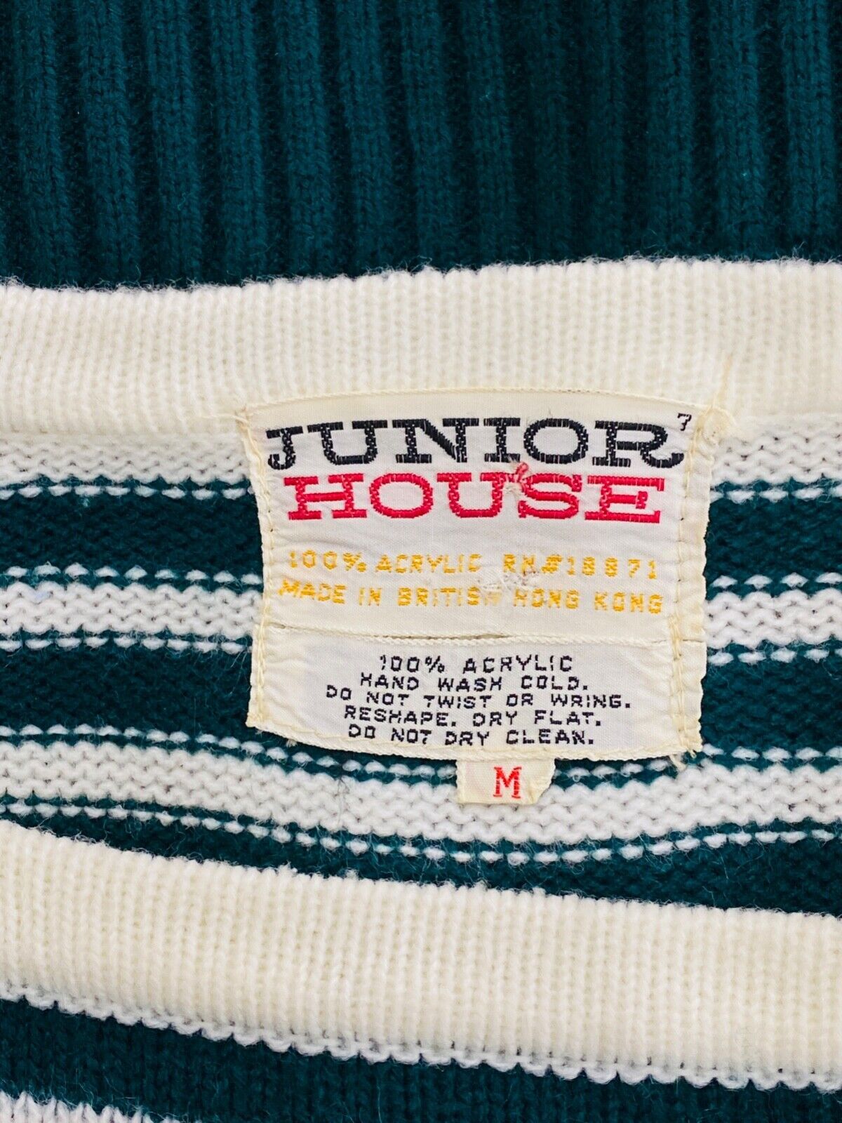 Vintage 1970s green white striped sweater knit shirt top long sleeve belt ribbed
