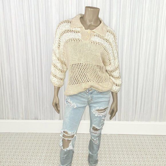 Vintage CAROLE LITTLE Medium Hand Knit Collared Cream Top Summer Casual