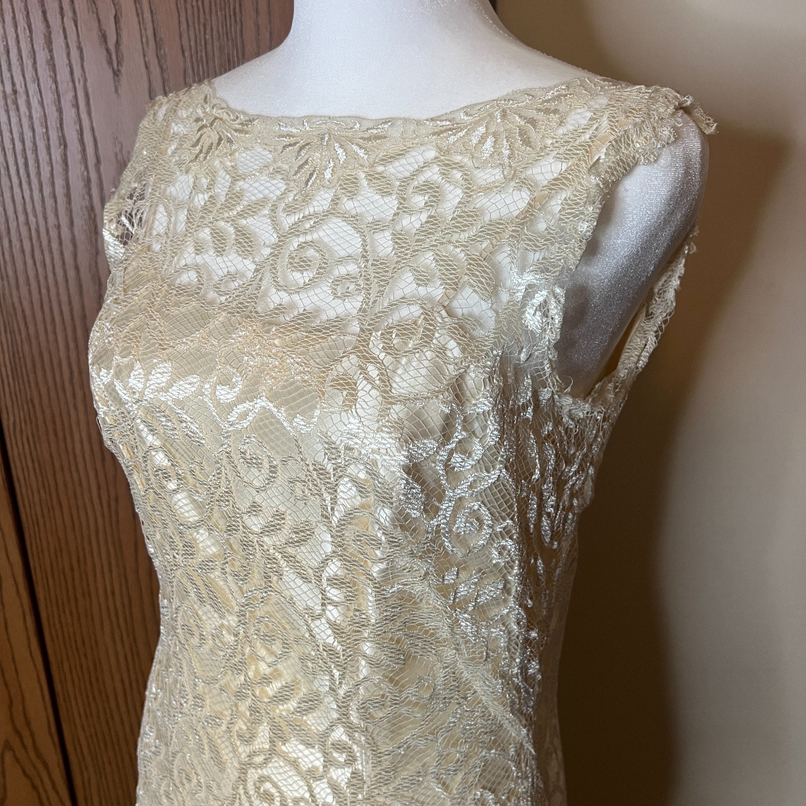 Vtg 70s Maxi Dress Champagne Gold Lace Drop Waist Formal Bridal Regency Royal