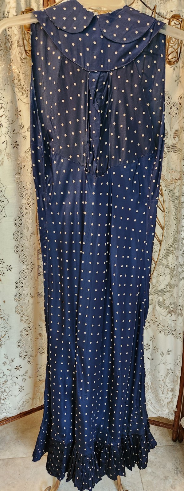 Vintage 1930s Sleeveless Navy Blue Polka Dot Dress Keyhole Back