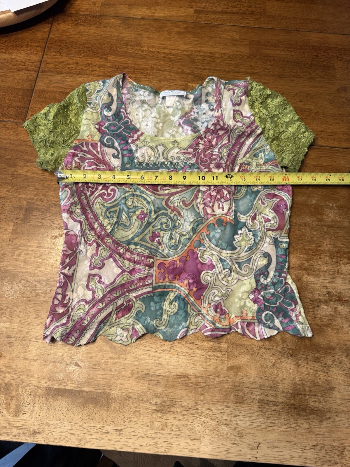 Vtg Hanky Panky Ltd Top Made in USA Paisley Print with Green Lace Sleeves – Boho