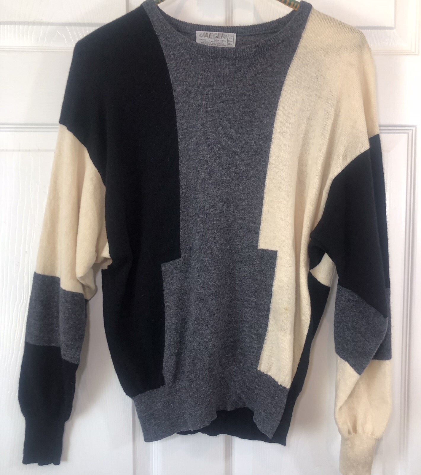 Vintage 80s Jaeger 100% Lambswool Pullover Sweater Gray Black White UK Size 36-S