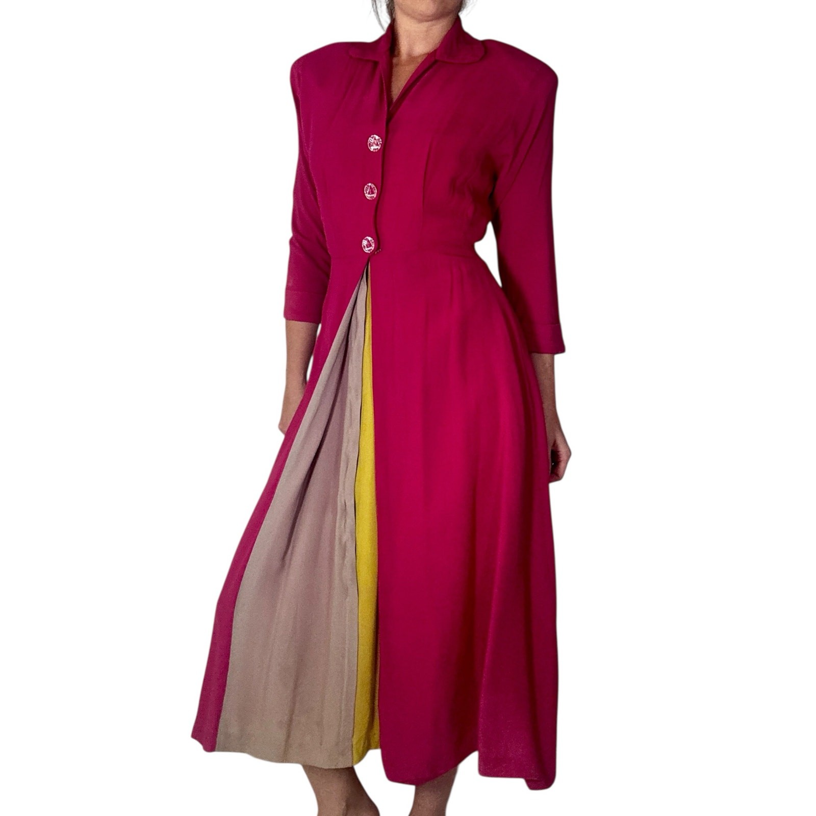 Vintage 1940s Saybury Magenta Dress & Slip Set Rare Colorblock Peek-a-Boo Pleats