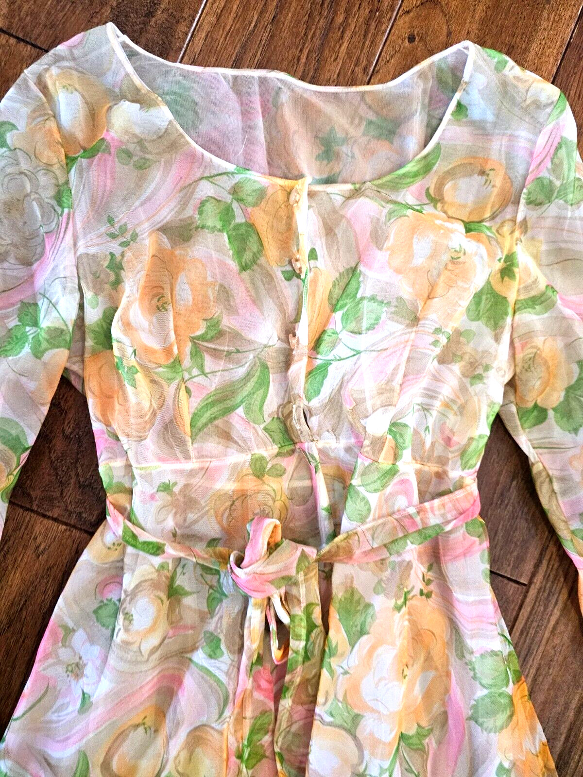 Vintage Floral Chiffon Maxi Robe Green Pink Orange sz. Small