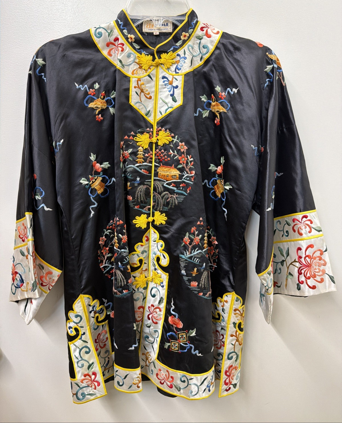 Vintage Esme Chinese Silk Blend Embroidered Jacket Robe Pajama Top Black Size M