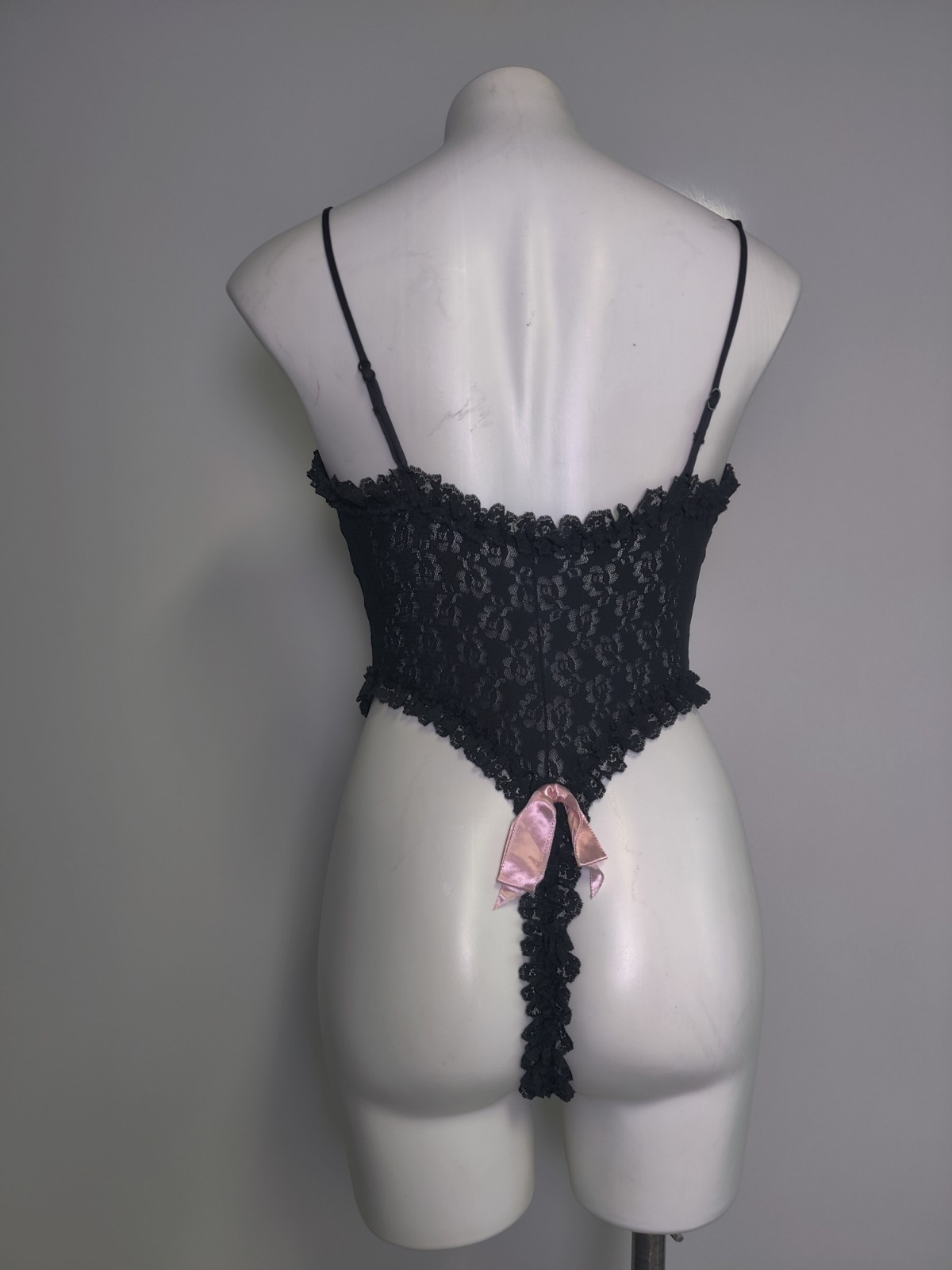 Vintage Lady Cameo Dallas Black Stretch Lace Teddy Thong Pink Bow Med USA