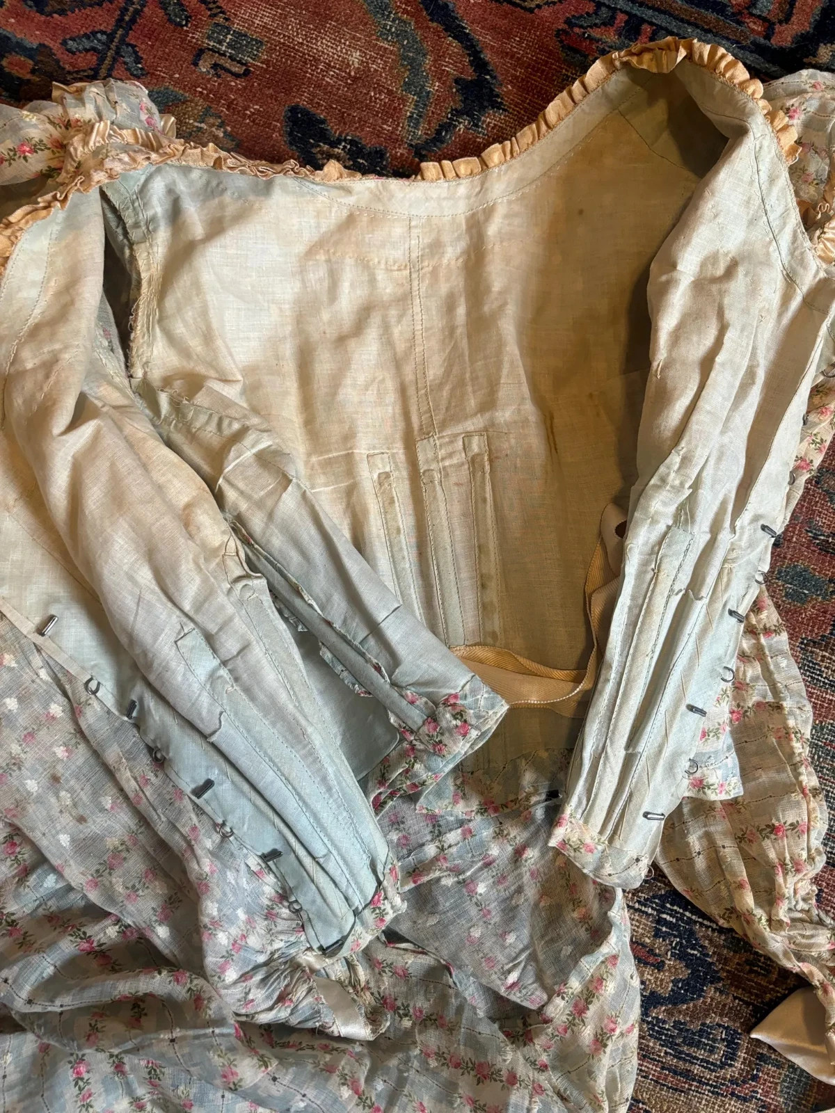Antique 1800s Floral Cotton 4 Piece Ensemble Bodice Petticoat Museum Set Dress