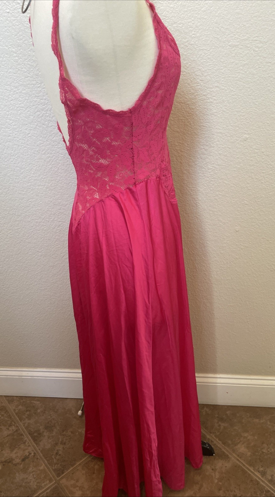 VTG *Large OLGA Nightgown Fuchsia Hot Pink Spandex Lace Bodice Full Sweep 91060
