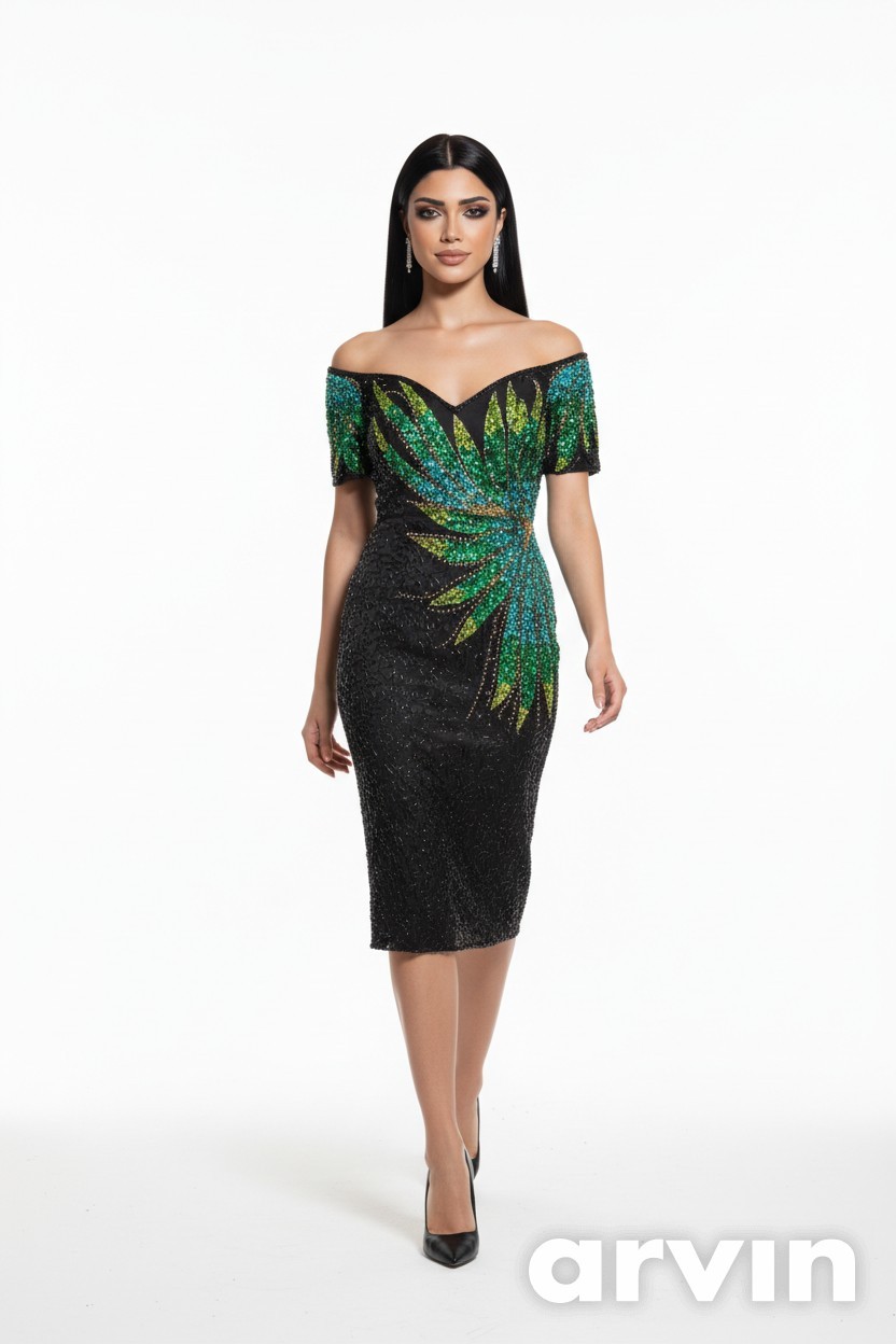 Vintage Alyce Designs Silk Dress Women’s Sz 12 Black Green & Blue Beaded Peacock