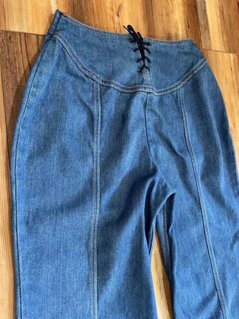 Vintage 1970s MAVERICK 26” Waist Lace Back Flare Denim Blue Jeans 30” On Inseam