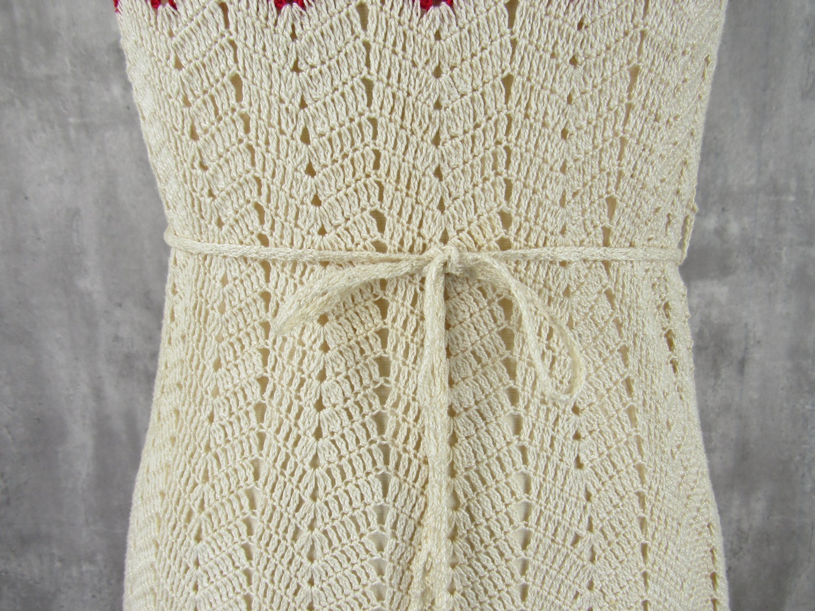 Vintage 60s 70s Crochet Open Knit Dress Chevron Stripe Cotton Small S Hippie