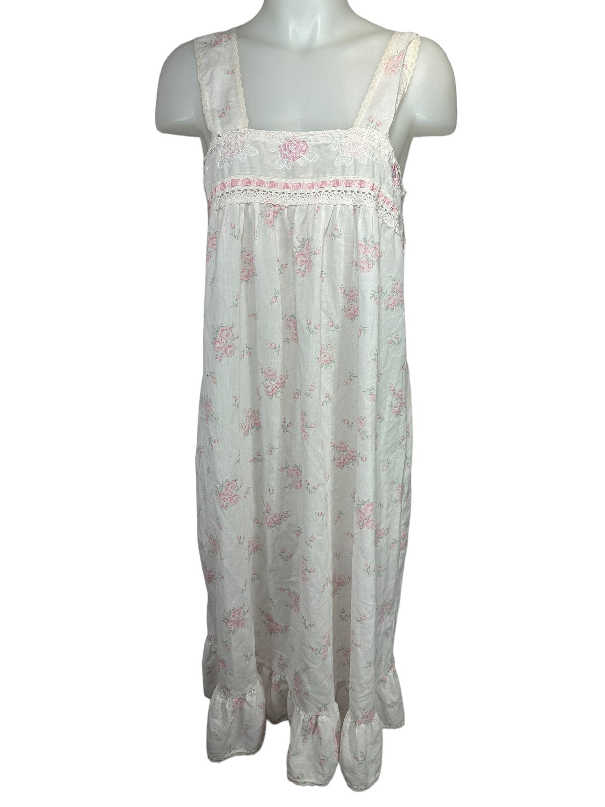 Vintage Lorraine Long Nightgown Small Lace Pink Rose Cotton Blend Prairie Granny