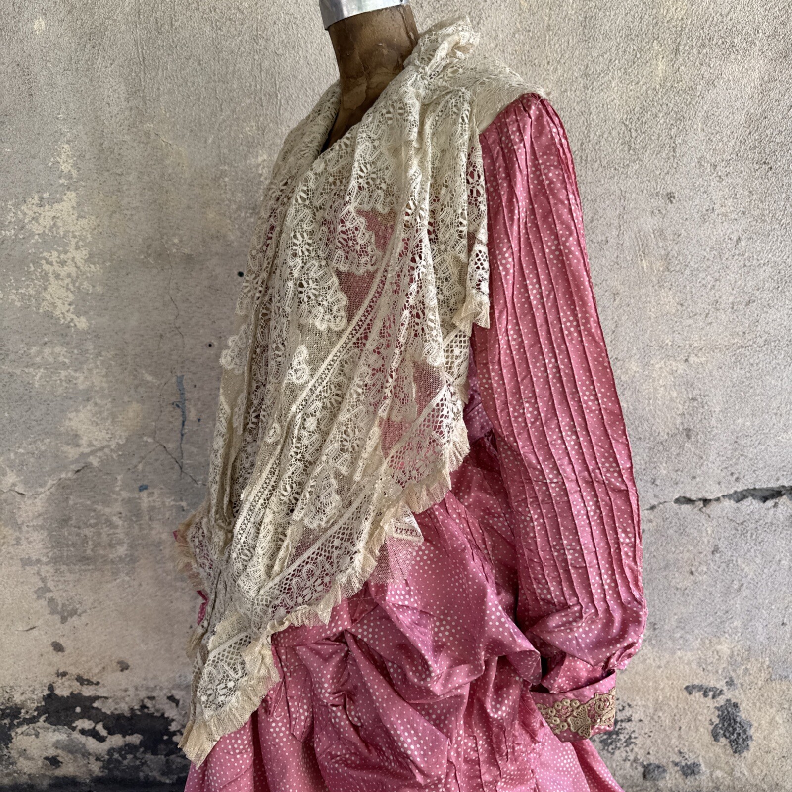 Antique Victorian Pink Silk Dot Print Dress Side Bustle Gown Lace 1880s Vintage