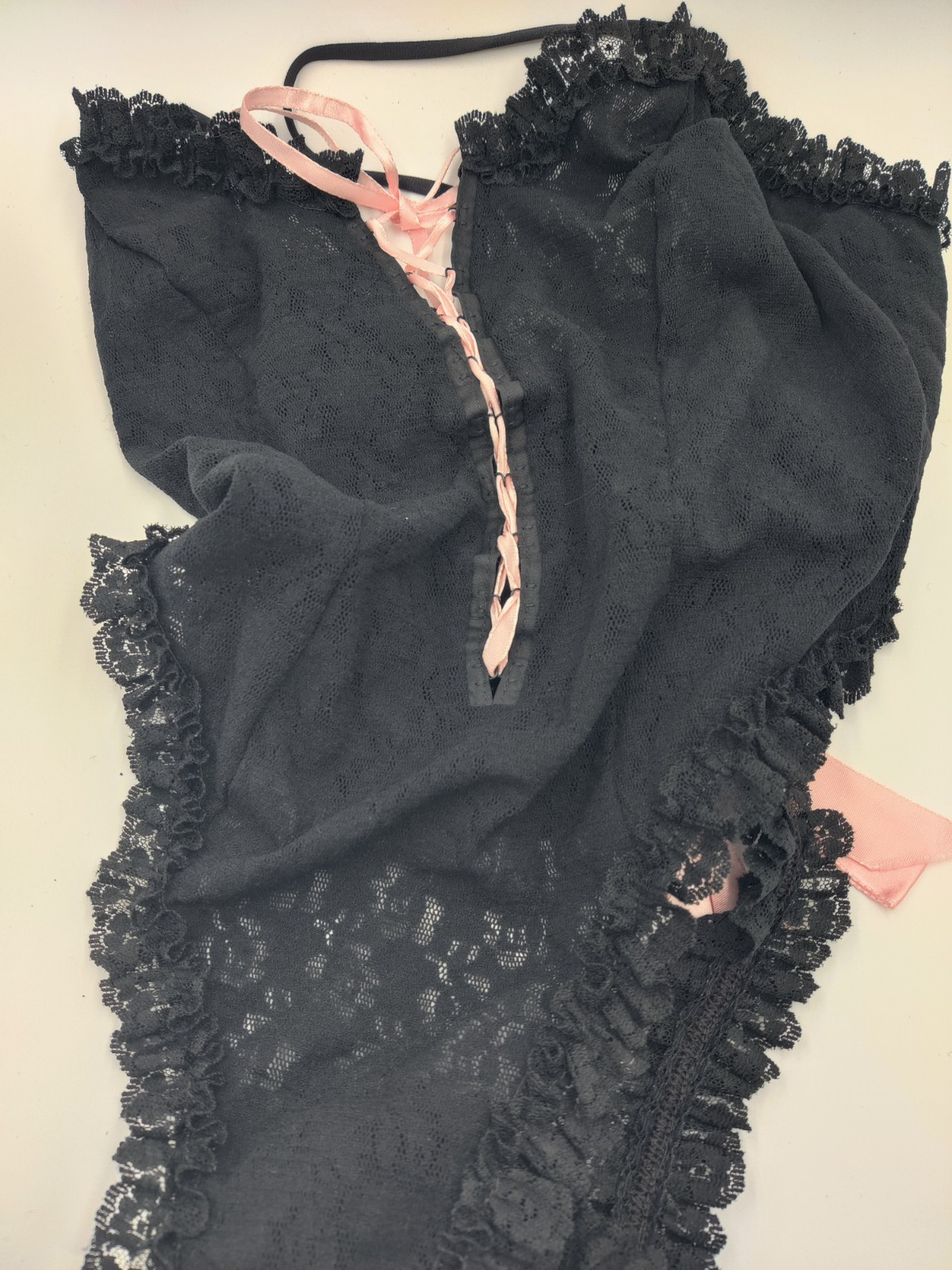 Vintage Lady Cameo Dallas Black Stretch Lace Teddy Thong Pink Bow Med USA