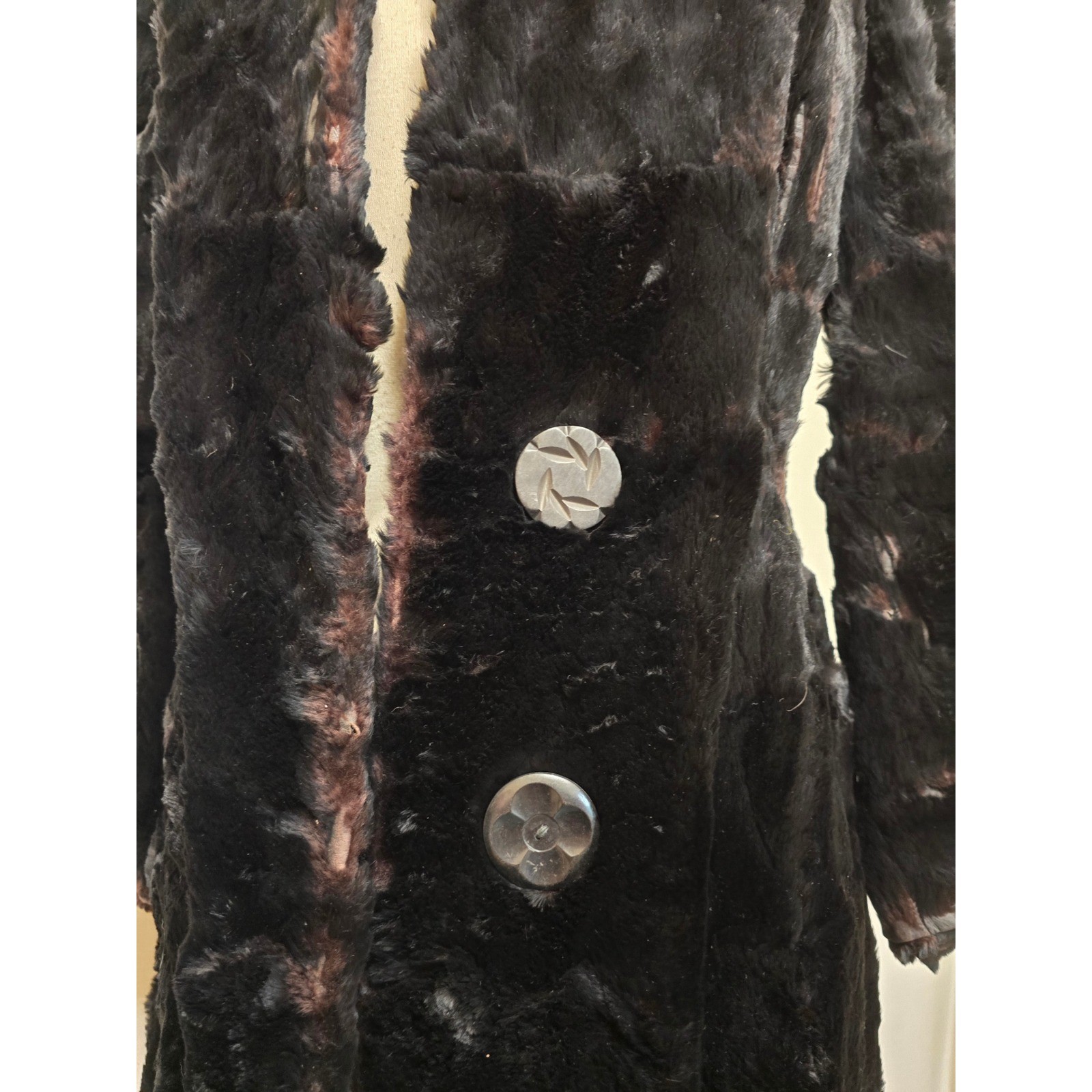 Antique Vintage Black Fur Coat Long Puff Shoulder Carved Button 1940s Style Flaw