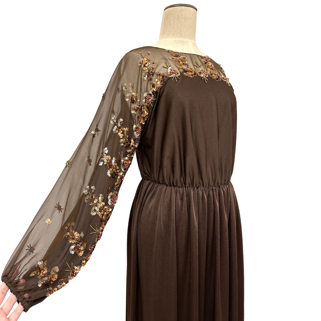 Vintage 1970s Jack Bryan Brown Floral Sequin Sheer Sleeve Gown