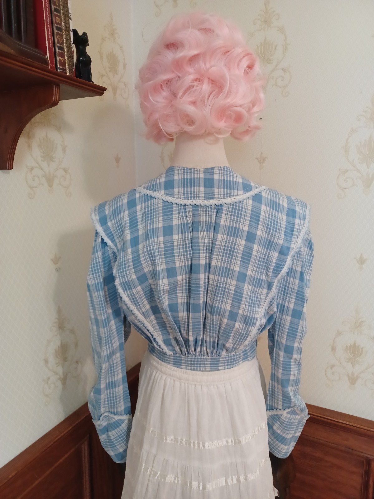 Antique Edwardian 1910s-20s Blue Puff Sleeve Doll Collar Cottagecore Blouse