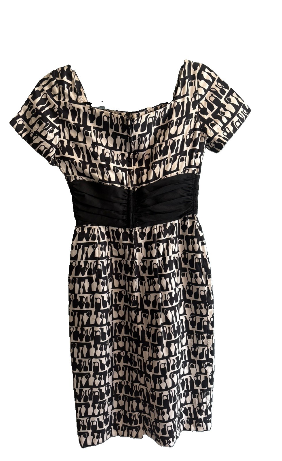 Vintage 1960s Blck & White Silk Wiggle ruched waist Dress XS Vases Print