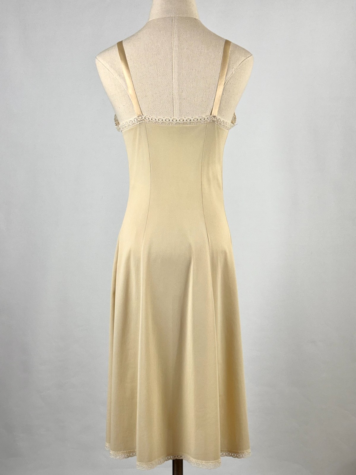 Vintage Beige Full Slip Dress Princess Seam Lace Trim Nylon Neutral Sweetheart