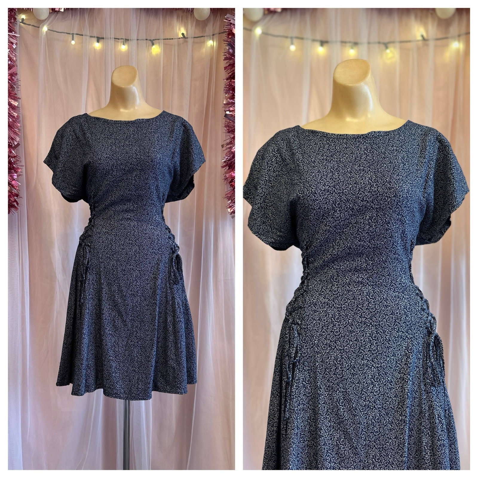Vintage 90s Mini Dress Blue Floral Print Corset Lace Up Cottage Grunge M/L