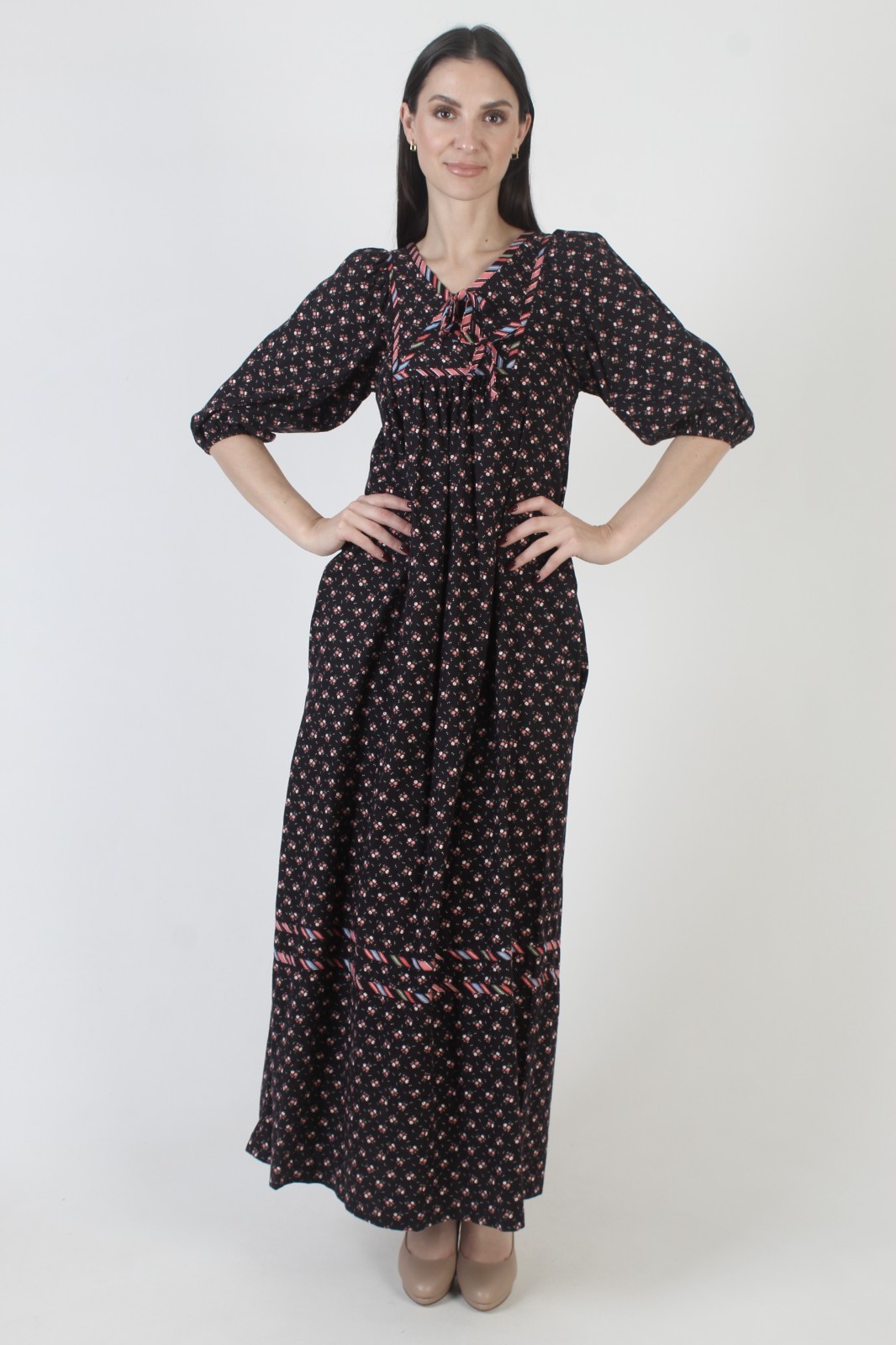 Vintage 70s Black Calico Dress Long Prairie Peasant Boho Wedding Pockets Kaftan