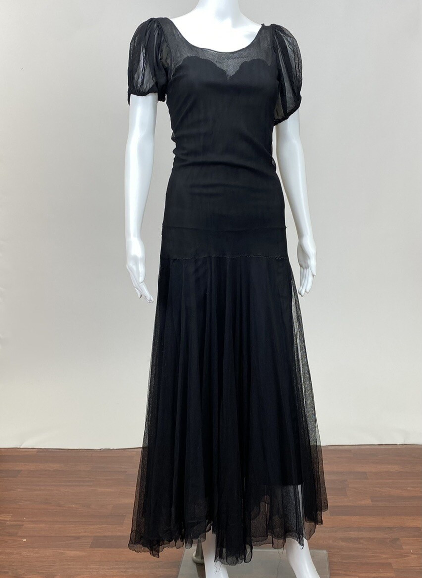 Antique 1910s Black Net Lace Gown with Blouson Sleeves and Silk Lining AS IS