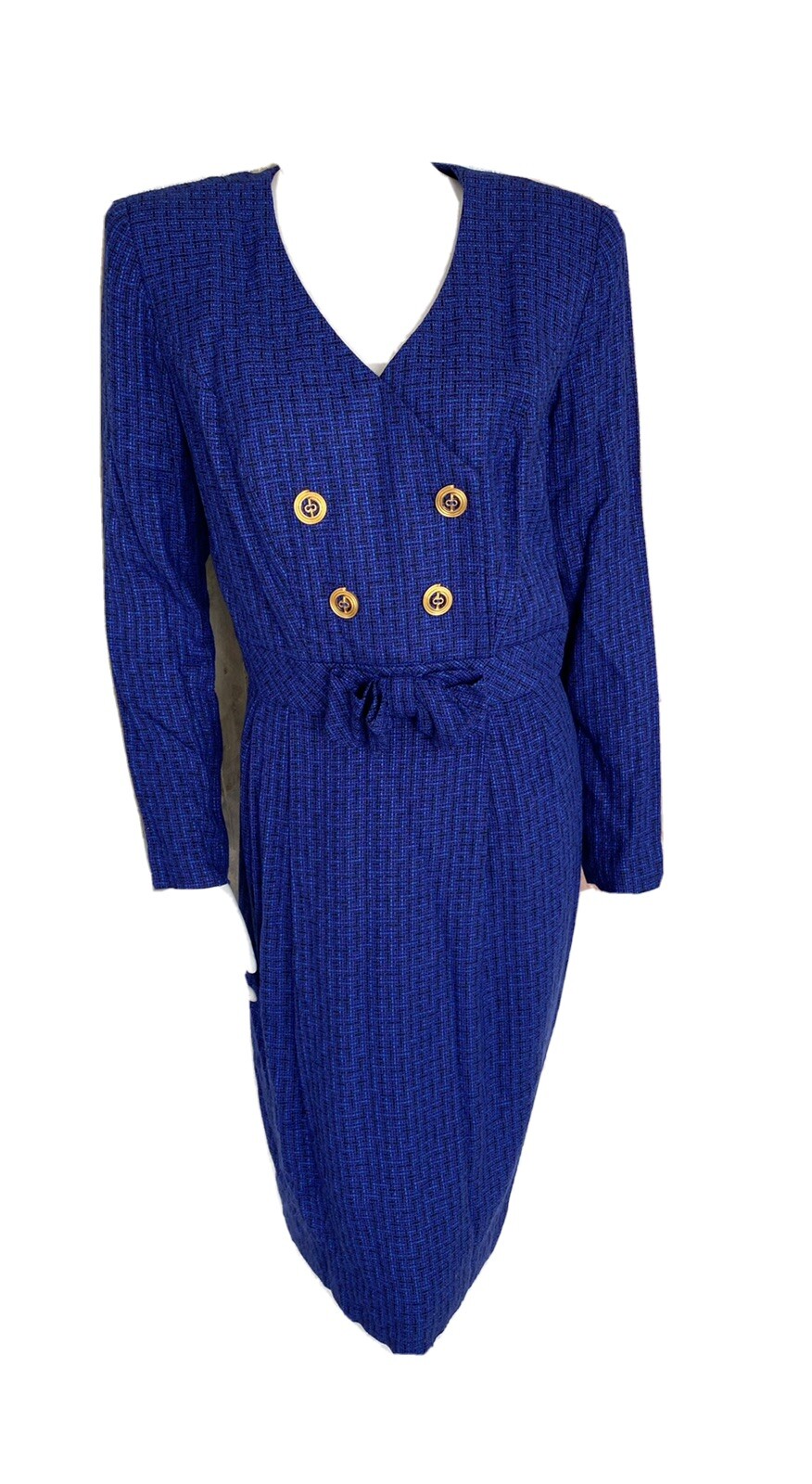 Vintage David Warren Blue Tweed Sheath Bow Tie Gold Buttons Long Sleeve Dress 10