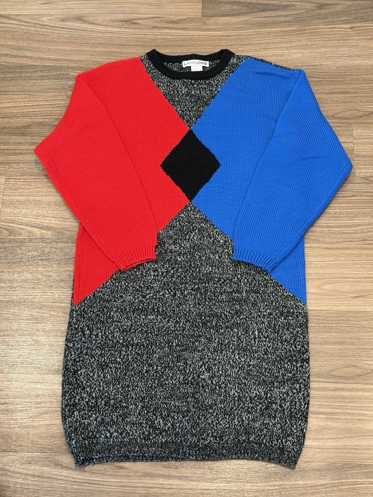 Vintage Colorblock Sweater Dress Womens L Red Blue 80s 90s Retro Cozy