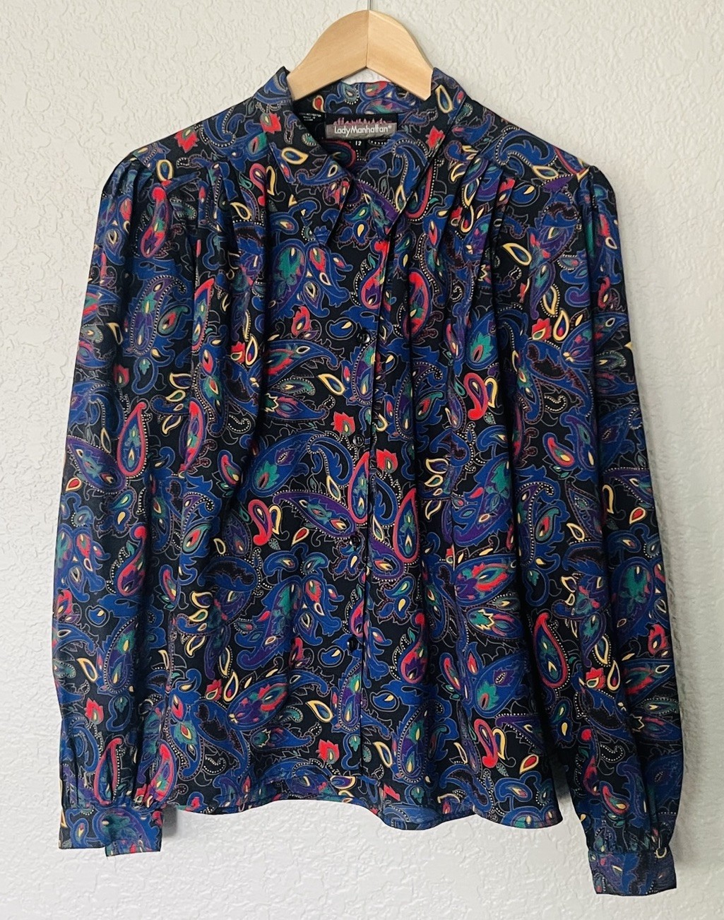 Lady Manhattan Paisley Button Down Blouse Sz 12 / M Vintage 70s Mod Art Nouveau