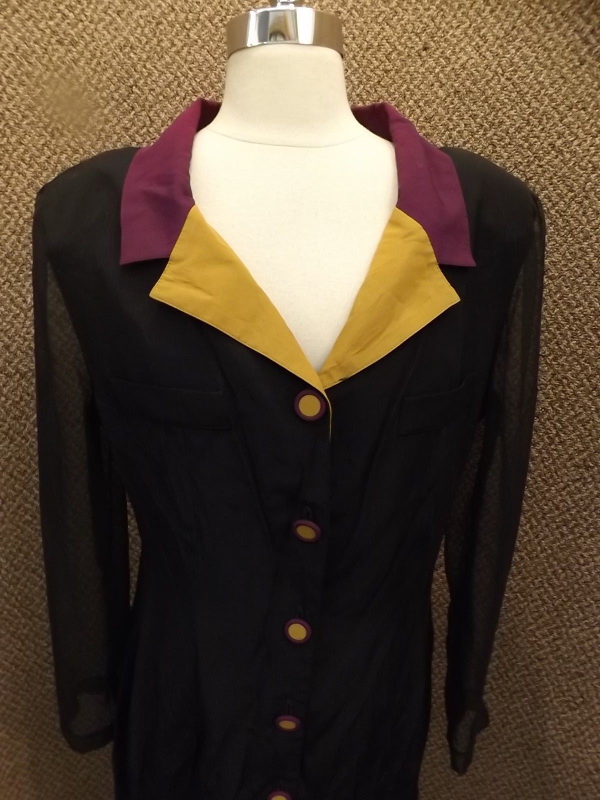 Super Stylish Color Block Vtg 80s Dressy Button Down Sheer Sleeve Dress Womens M