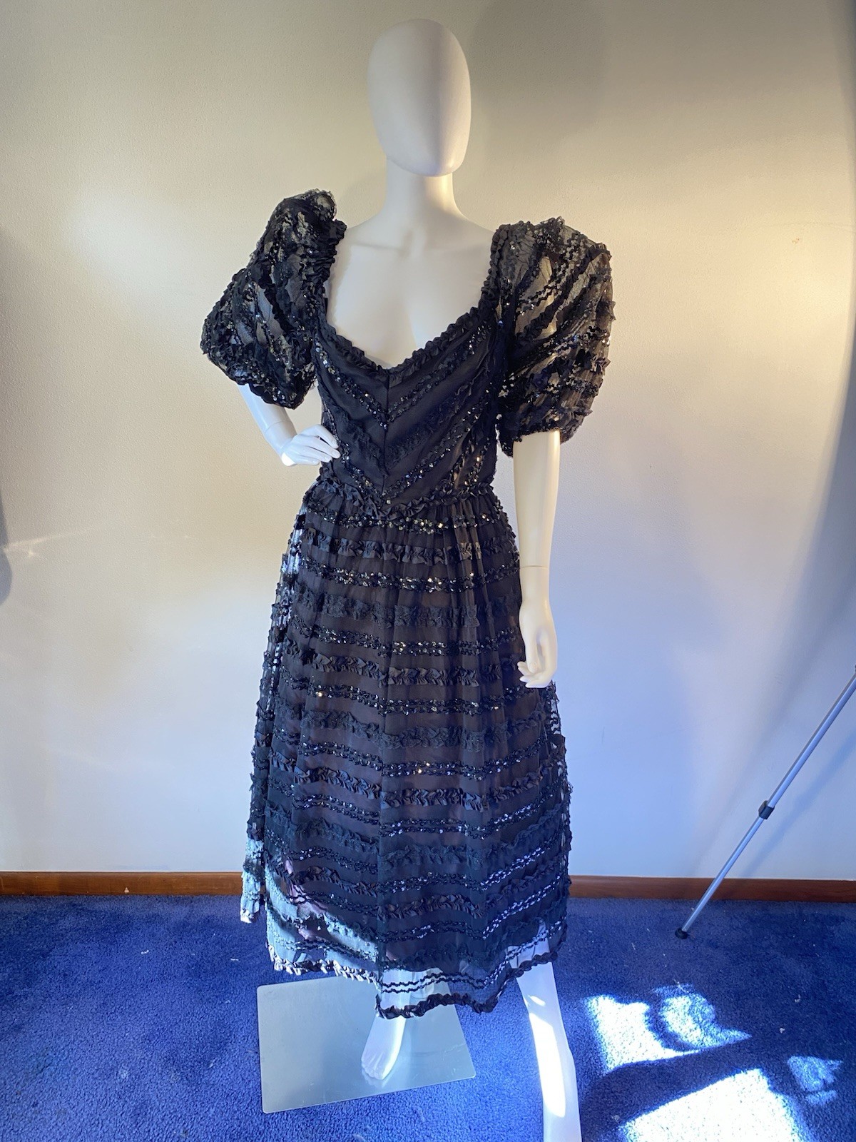 Vintage Lillie Rubin 1970’s Fit And Flair Sequin And Sheer Overlay Gown, Ex Con