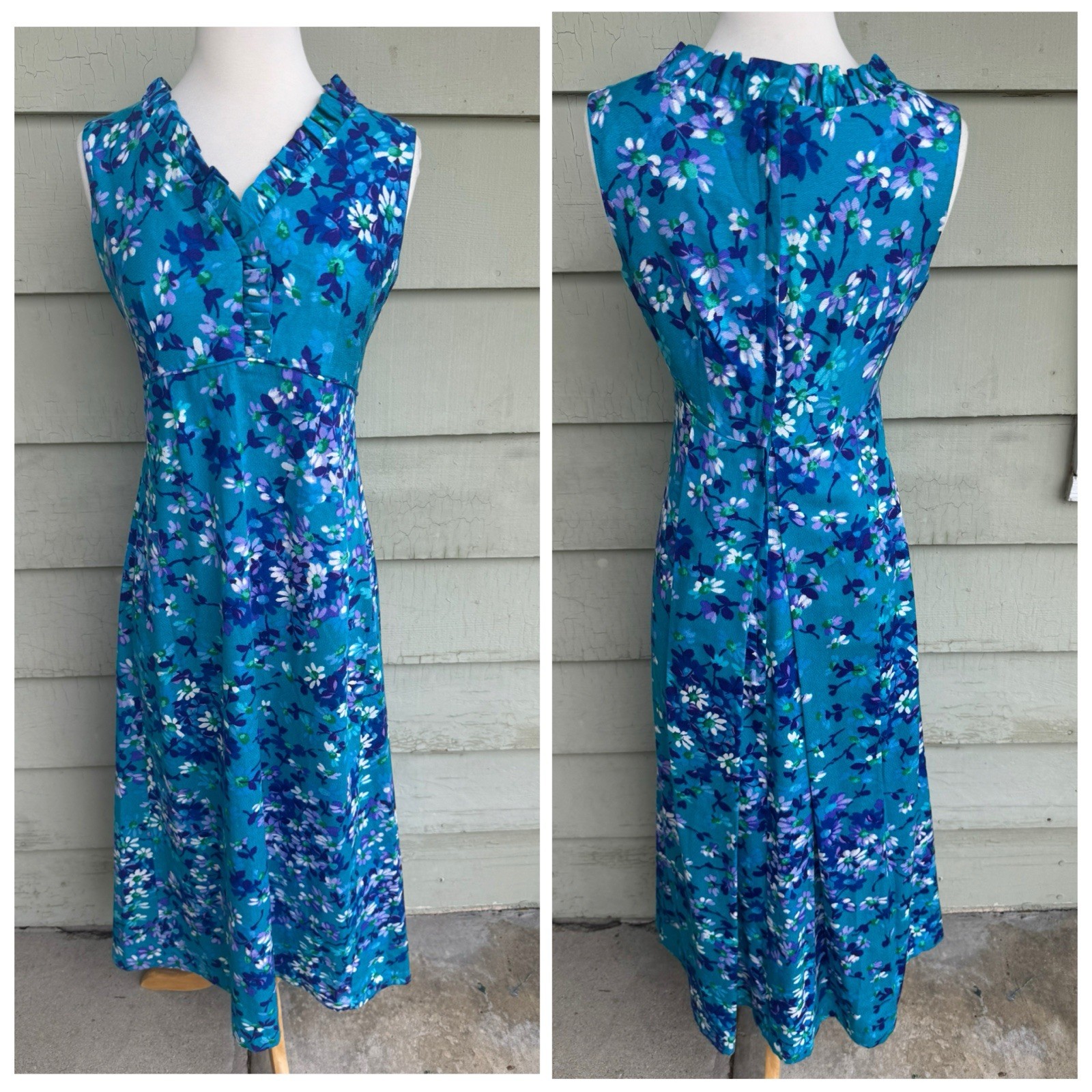 Vtg 60/70’s Hawaiian Lauhala Maxi Dress Teal Blue Purple Floral Sleeveless Sz 8