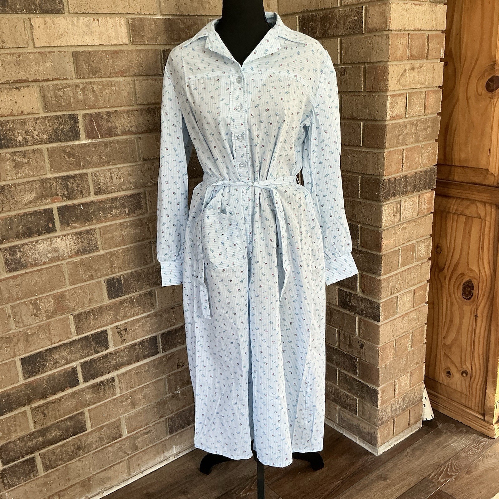 VTG A Nancy Frock Dress Women’s 16 Blue Floral Belted House Dress USA Made #13D